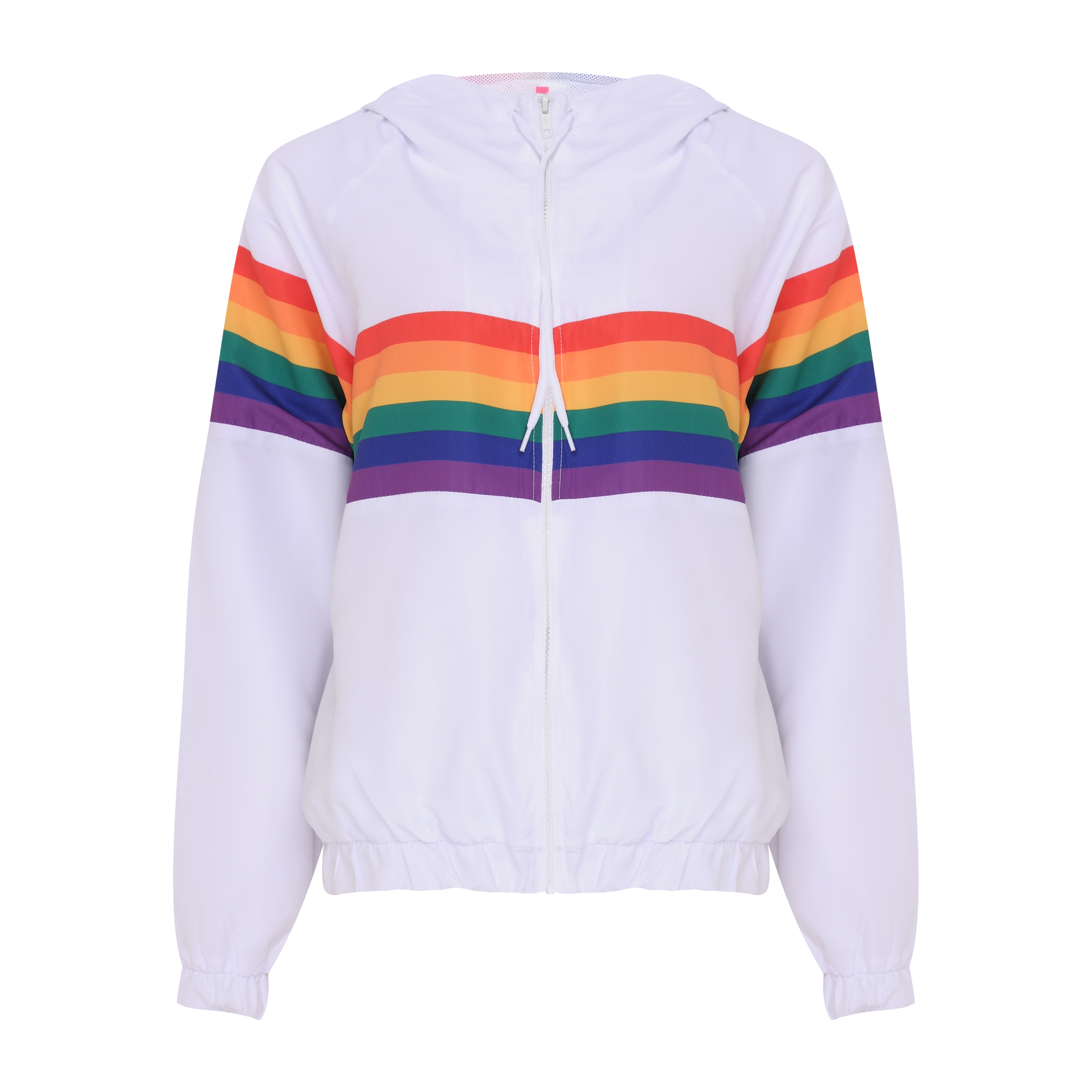 CEA_jaqueta corta vento feminina pride arco-íris com capuz branca_R$159.99