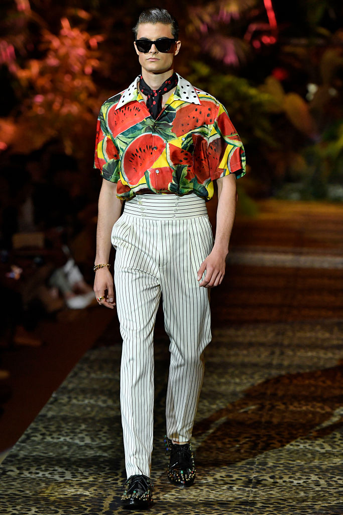 MILAN, ITALY - JUNE 15: A model walks the runway at the Dolce &amp; Gabbana fashion show during the Milan Men's Fashion Week Spring/Summer 2020 on June 15, 2019 in Milan, Italy. (Photo by Victor VIRGILE/Gamma-Rapho via Getty Images)