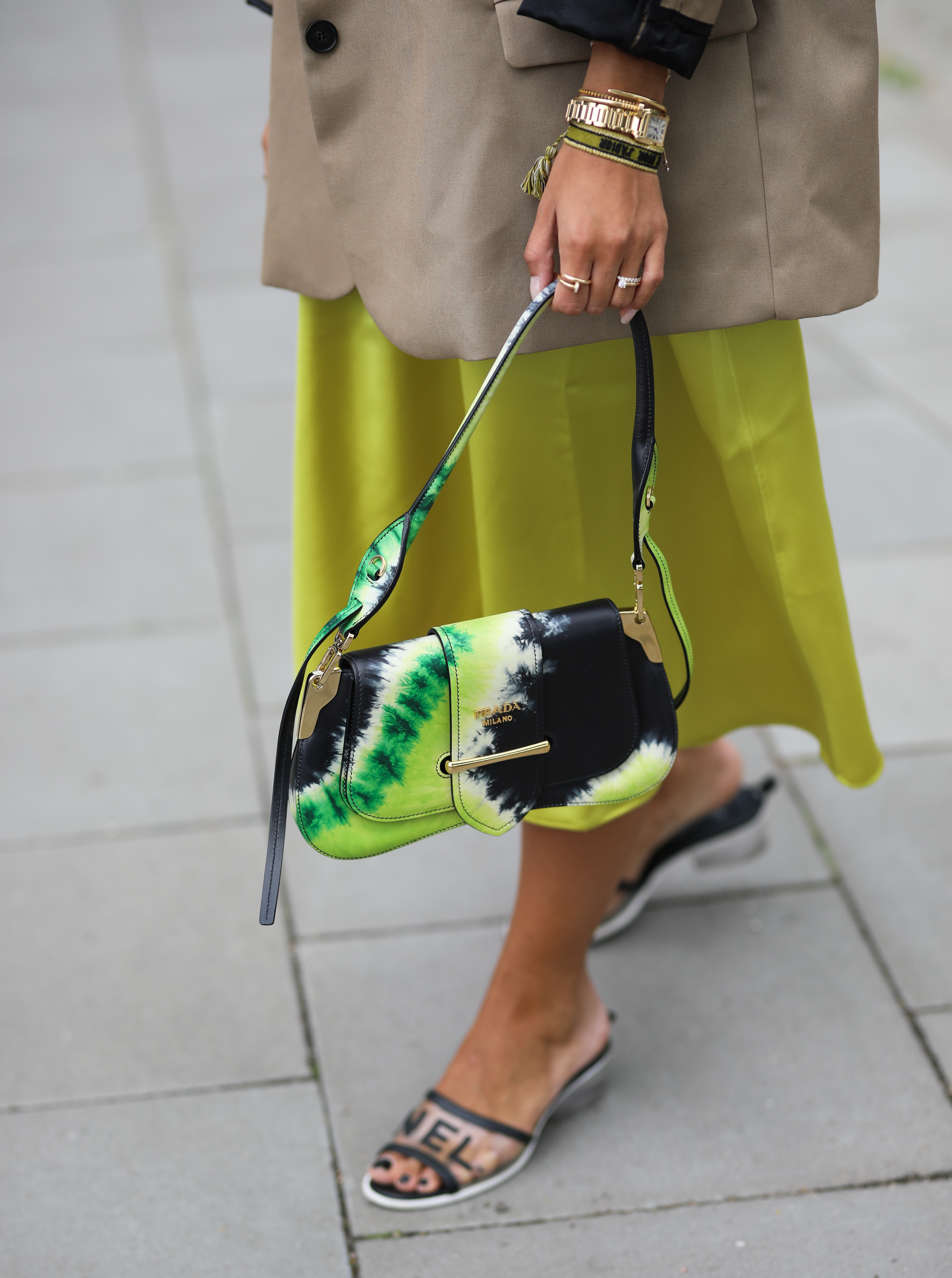 HAMBURG, GERMANY - JUNE 20: Aylin Koenig wearing The Frankie Shop blazer, Chanel shoes, Prada bag, Arket dress, Celine Sunglasses on June 20, 2019 in Hamburg, Germany. (Photo by Jeremy Moeller/Getty Images)